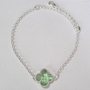 PULSEIRA FOLHEADA A PRATA COM 50 MILÉSIMOS + VERNIZ DIAMOND ELLO PORTUGUÊS 17CM TREVO VERDE VIDRO 13MM +EXTENSOR PRPS000686
