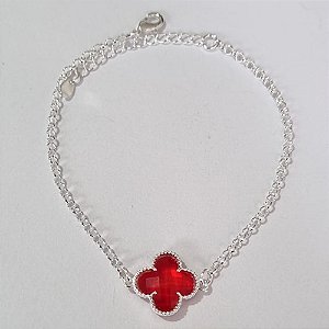 PULSEIRA FOLHEADA A PRATA COM 50 MILÉSIMOS + VERNIZ DIAMOND ELLO PORTUGUÊS 17CM TREVO VERMELHO VIDRO 13MM +EXTENSOR PRPS000687