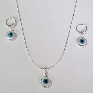 CONJUNTO FOLHEADO A PRATA COM 50 MILÉSIMOS + VERNIZ DIAMOND CORRENTE L-11 45CM PINGENTE OLHO GREGO 10MM E BRINCOS COM ARGOLA DE PRESSÃO OLHO GREGO 10MM PRCJ000059