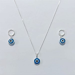 CONJUNTO FOLHEADO A PRATA COM 50 MILÉSIMOS + VERNIZ DIAMOND CORRENTE 45CM PINGENTE OLHO GREGO 10MM E BRINCOS COM ARGOLA DE PRESSÃO OLHO GREGO 10MM PRCJ000059
