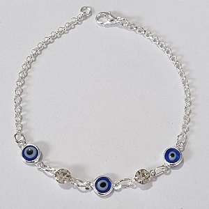 PULSEIRA FOLHEADA A PRATA COM 50 MILÉSIMOS + VERNIZ DIAMOND - PULSEIRA COM CRISTAIS E OLHOS GREGOS - 18CM - PRPS000747