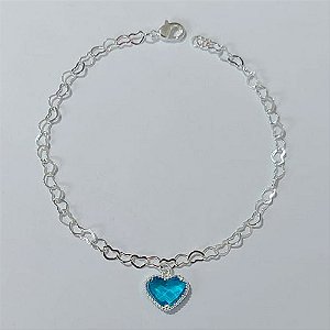 PULSEIRA FOLHEADA A PRATA COM 50 MILÉSIMOS + VERNIZ DIAMOND - PULSEIRA 18CM CORRENTE CORAÇÃO COM CORAÇÃO DE VIDRO AZUL 10MM -PRPS000754