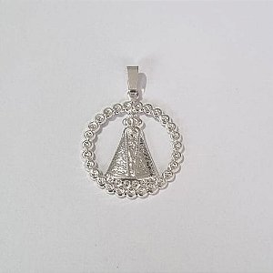 PINGENTE FOLHEADO A PRATA COM 50 MILÉSIMOS + VERNIZ DIAMOND CÍRCULO NOSSA SENHORA APARECIDA 25MM PRPG000036