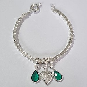 PULSEIRA FOLHEADA A PRATA COM 50 MILÉSIMOS + VERNIZ DIAMOND 17CM PINGENTE CORAÇÃO RELICÁRIO 13MM E 2 PEDRA CRISTAL VERDE 8MM FECHO BÓIA PRPS000791