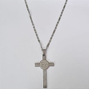 GARGANTILHA EM AÇO INOXIDÁVEL CORRENTE 60CM PINGENTE CRUCIFIXO ESCRITO FÉ 48X27MM FECHO LAGOSTA ACGG000162