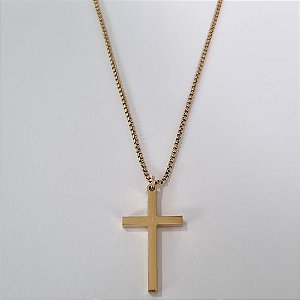 GARGANTILHA EM AÇO INOXIDÁVEL CORRENTE DOURADA 65CM PINGENTE CRUCIFIXO LISO 41X22MM FECHO LAGOSTA ACGG000169