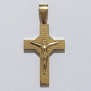 PINGENTE EM AÇO INOXIDÁVEL 316L CRUCIFIXO DOURADO ALTO RELEVO 20X30MM ACPG000052