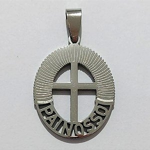 PINGENTE EM AÇO INOXIDÁVEL 316L OVAL VAZADO CRUCIFICO ESCRITO PAI NOSSO 22MM ACPG000061