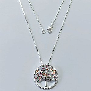 GARGANTILHA FOLHEADA A PRATA COM 50 MILÉSIMOS + VERNIZ DIAMOND CORRENTE VENEZIANA 45CM PINGENTE ÀRVORE DA VIDA COM MICRO ZIRCÔNIAS 24MM PRGG001039