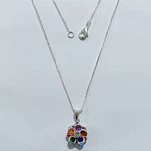 GARGANTILHA FOLHEADA A PRATA COM 50 MILÉSIMOS + VERNIZ DIAMOND CORRENTE VENEZIANA 45CM PINGENTE FLOR COM ZIRCÔNIAS COLORIDAS 12MM PRGG001046