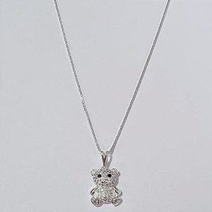 GARGANTILHA FOLHEADA A PRATA COM 50 MILÉSIMOS + VERNIZ DIAMOND CORRENTE VENEZIANA 45CM PINGENTE URSINHO COM MICRO  ZIRCÔNIAS 12MM +  EXTENSOR PRGG001051