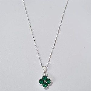 GARGANTILHA FOLHEADA A PRATA COM 50 MILÉSIMOS + VERNIZ DIAMOND CORRENTE VENEZIANA 45CM PINGENTE TREVO VERDE VIDRO 12MM +  EXTENSOR PRGG001052