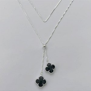 GARGANTILHA FOLHEADA A PRATA COM 50 MILÉSIMOS + VERNIZ DIAMOND CORRENTE VENEZIANA GRAVATINHA 60CM TREVO PRETO 13MM PRGG001056