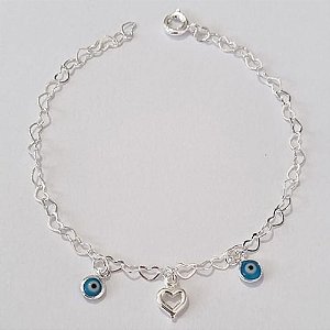 PULSEIRA FOLHEADA A PRATA COM 50 MILÉSIMOS + VERNIZ DIAMOND INFANTIL PULSEIRA CORAÇÃO 15CM CORAÇÃO VAZADO E OLHOS GREGOS PRPS000808