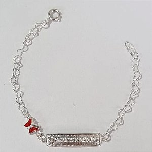 PULSEIRA FOLHEADA A PRATA COM 50 MILÉSIMOS + VERNIZ DIAMOND INFANTIL PULSEIRA CORAÇÕES 13CM CHAPINHA ANJIMHO DA MAMÃE COM BORBOLETA DE PEDRA CRISTAL VERMELHA PRPS000812