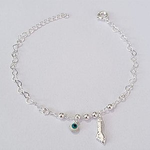 PULSEIRA FOLHEADA A PRATA COM 50 MILÉSIMOS + VERNIZ DIAMOND INFANTIL 13CM PULSEIRA INFANTIL CORAÇÕES COM BOLINHAS FIGA E OLHO GREGO + EXTENSOR PRPS000815