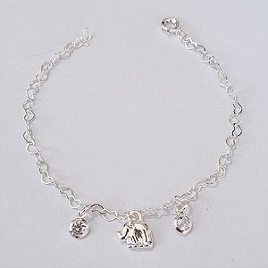 PULSEIRA FOLHEADA A PRATA COM 50 MILÉSIMOS + VERNIZ DIAMOND 15CM PULSEIRA INFANTIL CORAÇÕES ELEFANTINHO E PEDRAS CRISTAIS PRPS000816