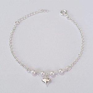 PULSEIRA FOLHEADA A PRATA COM 50 MILÉSIMOS + VERNIZ DIAMOND INFANTIL 14CM PÉROLAS E CORAÇÃO LISO + EXTENSOR PRPS000818