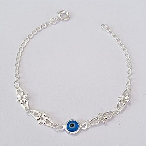 PULSEIRA FOLHEADA A PRATA COM 50 MILÉSIMOS + VERNIZ DIAMOND INFANTIL 14CM FLORES E OLHO GREGO PRPS000819