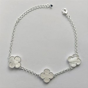 PULSEIRA FOLHEADA A PRATA COM 50 MILÉSIMOS + VERNIZ DIAMOND 17CM TREVO BRANCO 13MM FECHO LAGOSTA + EXTENSOR PRPS000835