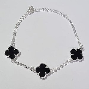 PULSEIRA FOLHEADA A PRATA COM 50 MILÉSIMOS + VERNIZ DIAMOND 17CM TREVO PRETO 13MM FECHO LAGOSTA + EXTENSOR PRPS000836