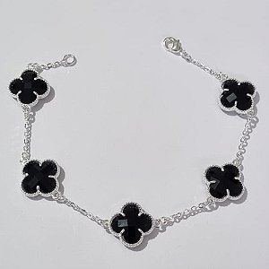 PULSEIRA FOLHEADA A PRATA COM 50 MILÉSIMOS + VERNIZ DIAMOND 18CM TREVO PRETO VIDRO 13MM FECHO LAGOSTA PRPS000837
