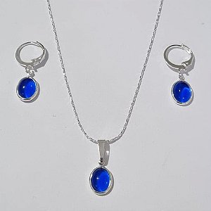 CONJUNTO FOLHEADO A PRATA COM 50 MILÉSIMOS  + VERNIZ DIAMOND CORRENTE L-11 42CM PINGENTE PEDRA CRISTAL AZUL 8MM E BRINCOS COM ARGOLA DE PRESSÃO PEDRA CRISTAL AZUL 8MM PRCJ000072