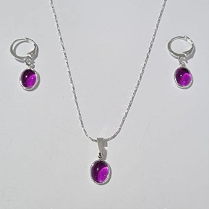 CONJUNTO FOLHEADO A PRATA COM 50 MILÉSIMOS + VERNIZ DIAMOND CORRENTE L-11 42CM PINGENTE PEDRA CRISTAL ROXA 8MM E BRINCOS COM ARGOLA DE PRESSÃO PEDRA CRISTAL ROXA 8MM PRCJ000073