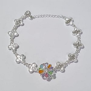 PULSEIRA FOLHEADA A PRATA COM 50 MILÉSIMOS + VERNIZ DIAMOND 18CM TREVO PRATA 10MM E FLOR COM ZIRCÔNIAS COLORIDAS 16MM FECHO LAGOSTA + EXTENSOR PRPS000848