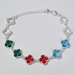 PULSEIRA FOLHEADA A PRATA COM 50 MILÉSIMOS + VERNIZ DIAMOND 16CM TREVO COLORIDOS VIDRO 10MM FECHO LAGOSTA + EXTENSOR PRPS000862