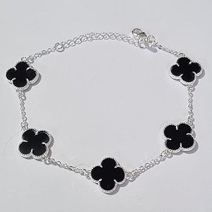 PULSEIRA FOLHEADA A PRATA COM 50 MILÉSIMOS + VERNIZ DIAMOND 18CM TREVO PRETO 13MM + EXTENSOR PRPS000867
