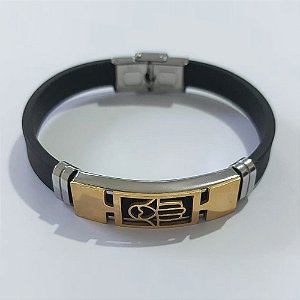 PULSEIRA EM AÇO INOXIDÁVEL EMBORRACHADA 20CM LARGURA 10MM COM TRAVA DESENHO MÃO HAMSÁ DOURADO ACPS000420