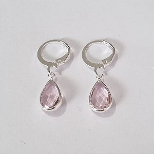BRINCO FOLHEADO A PRATA COM 50 MILÉSIMOS + VERNIZ DIAMOND ARGOLA DE PRESSÃO PEDRA CRISTAL ROSA 8MM PRBR000837