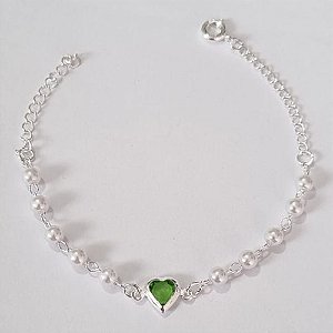 PULSEIRA FOLHEADA A PRATA COM 50 MILÉSIMOS + VERNIZ DIAMOND INFANTIL 15CM PÉROLAS COM CORAÇÃO PEDRA CRISTAL VERDE PRPS000878
