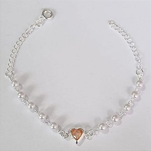 PULSEIRA FOLHEADA A PRATA COM 50 MILÉSIMOS + VERNIZ DIAMOND INFANTIL 15CM PÉROLAS COM CORAÇÃO PEDRA CRISTAL LARANJA PRPS000879