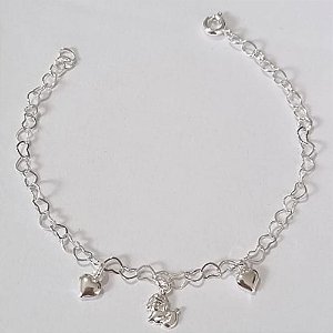 PULSEIRA FOLHEADA A PRATA COM 50 MILÉSIMOS + VERNIZ DIAMOND INFANTIL 15CM CORAÇÕES E PET PRPS000881