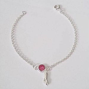 PULSEIRA FOLHEADA A PRATA COM 50 MILÉSIMOS + VERNIZ DIAMOND INFANTIL 14CM PEDRA CRISTAL ROSA E FIGA PRPS000885