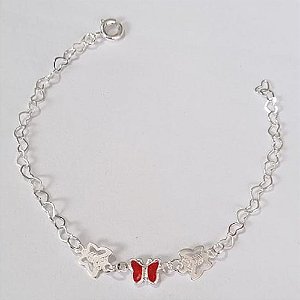 PULSEIRA FOLHEADA A PRATA COM 50 MILÉSIMOS + VERNIZ DIAMOND INFANTIL 14CM BORBOLETAS E BORBOLETA PEDRA CRISTAL VERMELHA PRPS000886