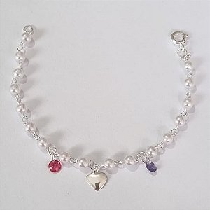 PULSEIRA FOLHEADA A PRATA COM 50 MILÉSIMOS + VERNIZ DIAMOND INFANTIL 12CM PÉROLAS E CORAÇÃO PRPS000888