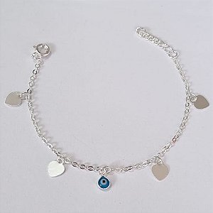 PULSEIRA FOLHEADA A PRATA COM 50 MILÉSIMOS + VERNIZ DIAMOND INFANTIL 12CM CORAÇÕES LISOS E OLHO GREGO + EXTENSOR PRPS000889