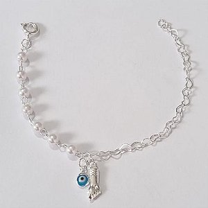PULSEIRA FOLHEADA A PRATA COM 50 MILÉSIMOS + VERNIZ DIAMOND INFANTIL 14CM - PULSEIRA COM BOLINHAS E CORAÇÕES E PINGENTES FIGA E OLHO GREGO PRPS000898