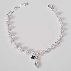 PULSEIRA FOLHEADA A PRATA COM 50 MILÉSIMOS + VERNIZ DIAMOND INFANTIL 14CM + EXTENSOR - PULSEIRA COM BOLINHAS E PINGENTES FIGA E CRISTAL PRETO PRPS000899