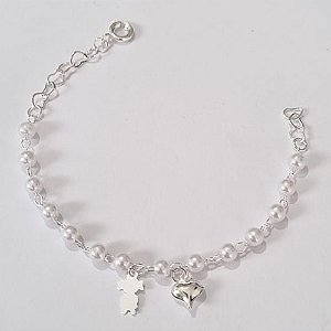 PULSEIRA FOLHEADA A PRATA COM 50 MILÉSIMOS + VERNIZ DIAMOND INFANTIL 14CM - PULSEIRA COM BOLINHAS E PINGENTES CORAÇÃO E MENINA PRPS000900