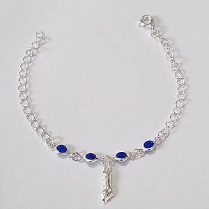 PULSEIRA FOLHEADA A PRATA COM 50 MILÉSIMOS + VERNIZ DIAMOND INFANTIL 14CM - PULSEIRA COM CRISTAIS AZUIS E PINGENTE FIGA PRPS000901