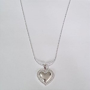 GARGANTILHA FOLHEADA A PRATA COM 50 MILÉSIMOS + VERNIZ DIAMOND CORRENTE L11 45CM COM PINGENTE CORAÇÃO CRAVEJADO EM MICROS ZIRCÔNIAS 18MM + EXTENSOR FECHO LAGOSTA PRGG001077