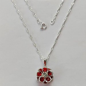 GARGANTILHA FOLHEADA A PRATA COM 50 MILÉSIMOS + VERNIZ DIAMOND - GARGANTILHA CORRENTE 45CM PINGENTE FLOR DE VIDRO VERMELHA 14MM - FECHO LAGOSTA (PRA402) PRGG001083