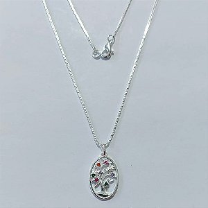 GARGANTILHA FOLHEADA A PRATA COM 50 MILÉSIMOS + VERNIZ DIAMOND CORRENTE VENEZIANA PINGENTE ÁRVORE DA VIDA COM MICRO ZIRCÔNIAS COLORIDAS 11MM PRGG001094