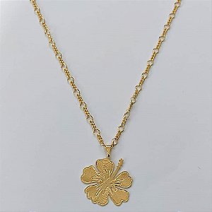 GARGANTILHA FOLHEADA A OURO CORRENTE 3X1 48CM COM PINGENTE FLOR 26X29MM FECHO REDONDO OUGG000085