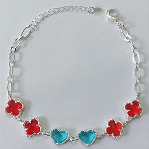 PULSEIRA FOLHEADA A PRATA COM 50 MILÉSIMOS + VERNIZ DIAMOND 19CM COM 4 TREVOS VERMELHOS VIDRO 10MM E 2 CORAÇÕES AZUIS VIDRO 10MM + EXTENSOR PRPS000903