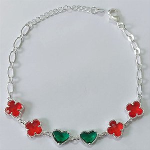 PULSEIRA FOLHEADA A PRATA COM 50 MILÉSIMOS + VERNIZ DIAMOND 19CM COM 4 TREVOS VERMELHOS VIDRO 10MM E 2 CORAÇÕES VERDES VIDRO 10MM + EXTENSOR PRPS000906